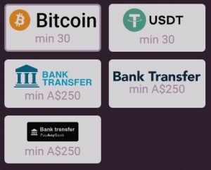 Ricky Casino withdrawal methods comparison table showing Bitcoin, Tether and bank transfer options for Australian players