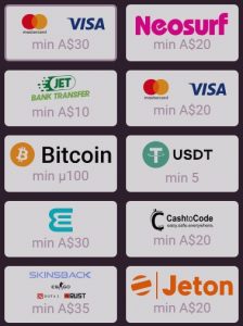Ricky Casino deposit methods overview displaying Visa, Mastercard, Bitcoin, eZeeWallet and other payment options available in Australia