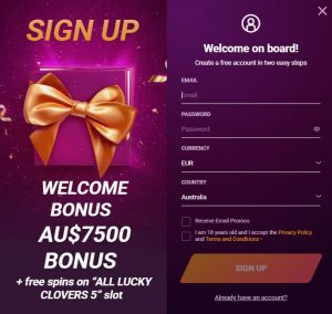 Ricky Casino account creation page with welcome bonus details