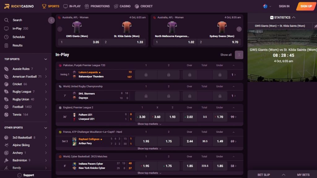 Ricky Casino sports betting markets list featuring 1400+ Australian international options