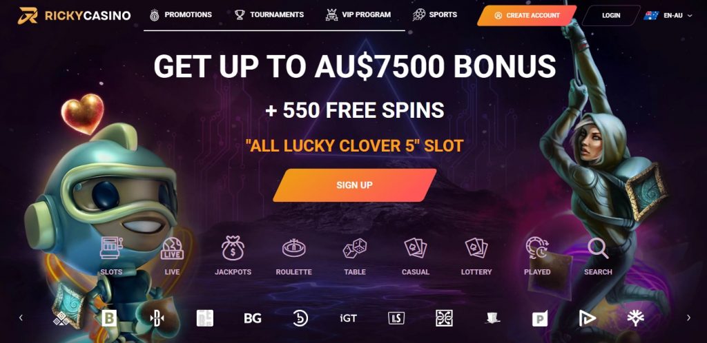 Ricky Casino main page Australia with AU$7500 bonus offer