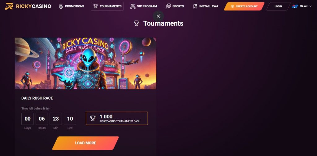 Ricky casino tournaments page showing Daily Rush Race AU$1000 prize pool for Australian players